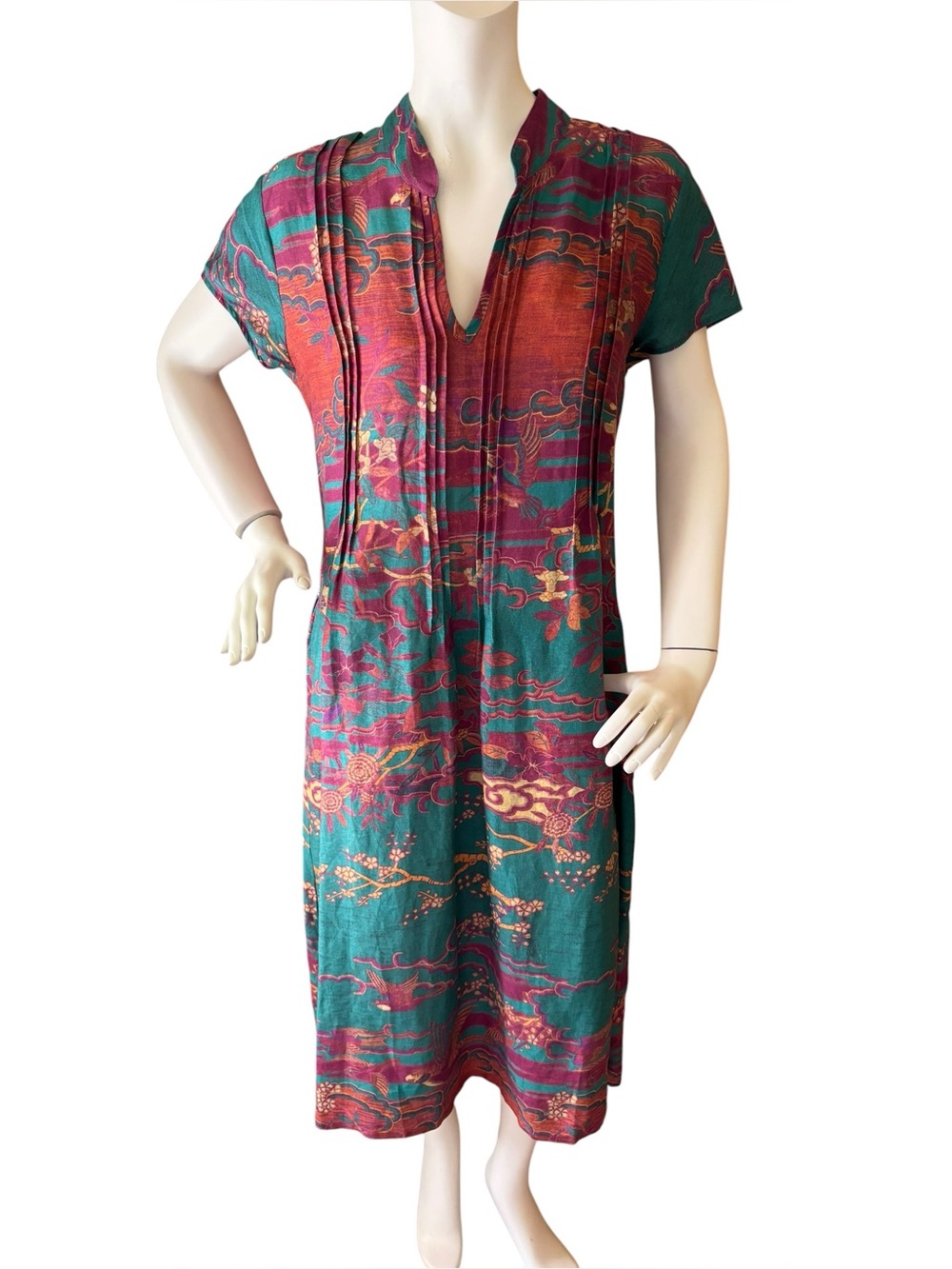 Peruvian Connection Floating World Linen Multicolor Printed Midi Dress, L - Picture 2 of 10